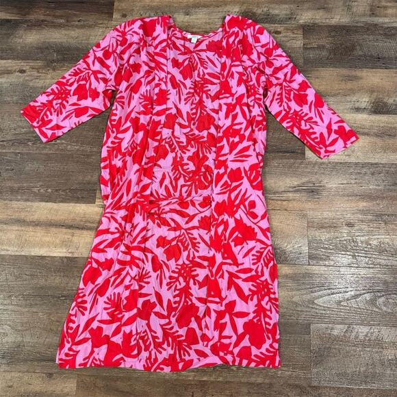 LOFT Floral Kimono XS/S Fuchsia Red Leaf Print 3/4 Sleeve Lightweight Duster - Picture 1 of 7